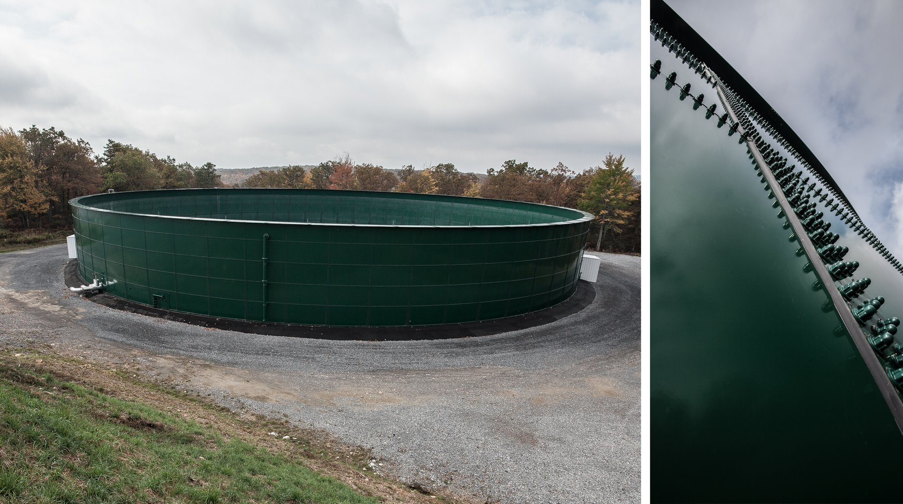 A fluid storage facility. The tank shown below is one of two, accompanied by a cleared gravel pad, presumably to provide a home for a third tank at some point in the future (photo: Chad Shmukler). fracking fluid storage tank