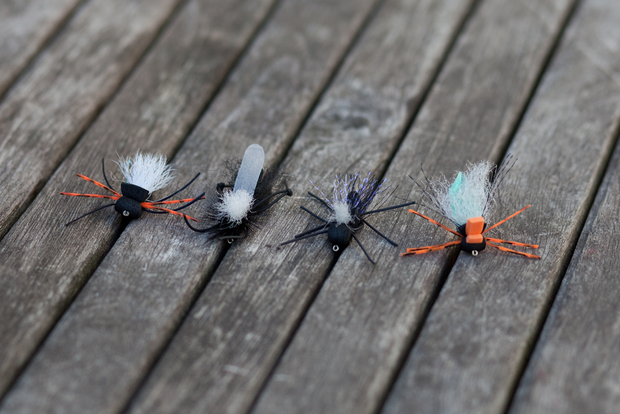 From left to right: Card's Cicada, Foam Para-cicada, Agee's Knobbler Cicada and Card's Green River Super Cicada. MFC Magicicada Flies