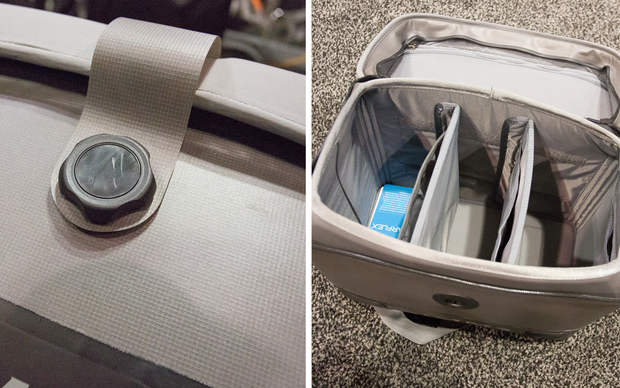 Simms' new Dry Creek Boat Bag complete with new magnetic latch (left). Simms 2015 Dry Creek Boat Bag