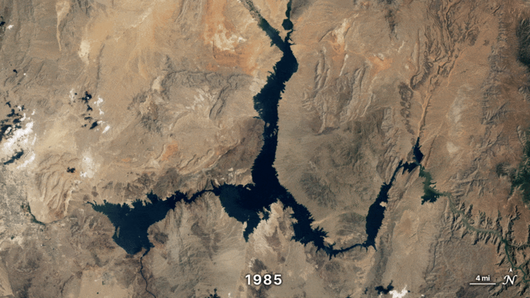 The maximum capacity of Lake Mead is 28.5 million acre-feet. Right now, it is holding about 6.95 million acre-feet, about 27% of its capacity. Its level has dropped by more than 20 feet since the start of 2026 (image: NASA Goddard Space Flight Center). lake powell water loss