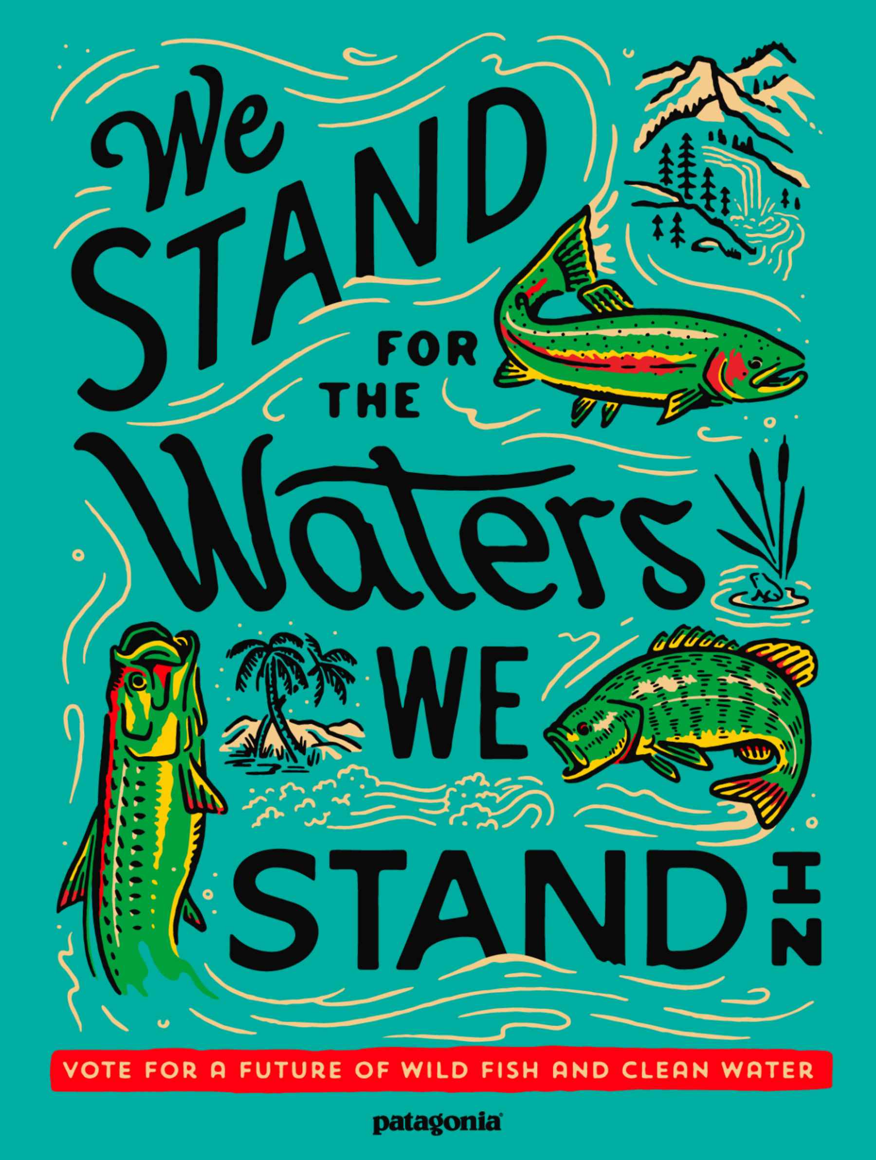 patagonia we stand for the waters we stand in poster