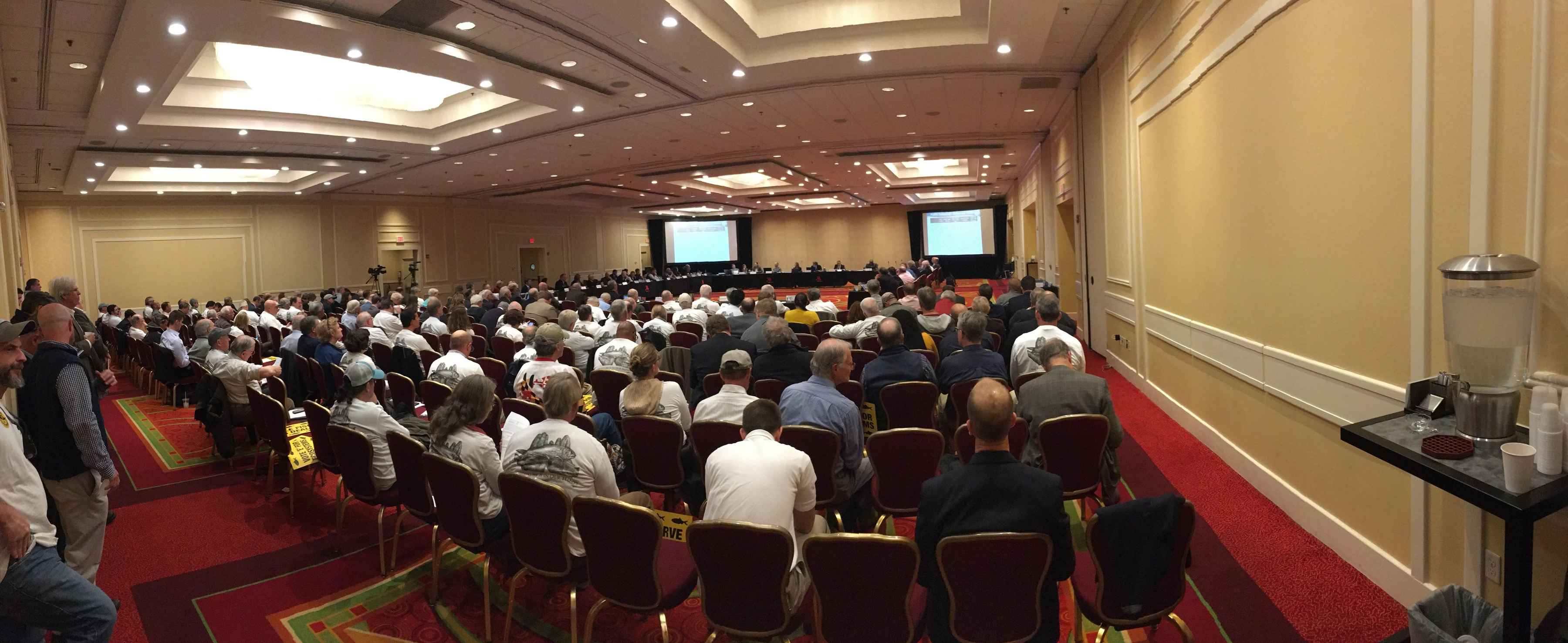An audience comprised predominantly of 'Option E' supporters looks on during a discussion of reference points during the November 13 meeting of the Atlantic Menhaden Management Board (photo: Cameron Jaggard). November 13 meeting of the ASMFC Atlantic Menhaden Management Board