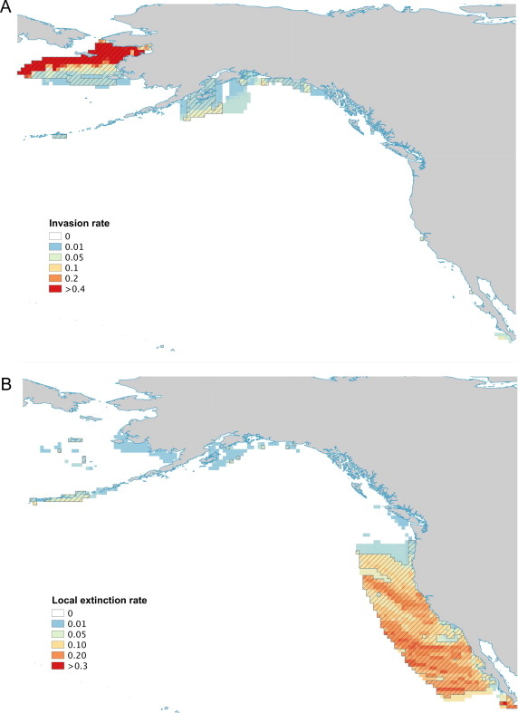 Predicted changes in species assemblages in each 30′ × 30′ cell by 2050 relative to 2005 represented by (a) rate of species invasion and (b) rate of local extinction. Marine Species Redistribution Due to Climate Change by 2050