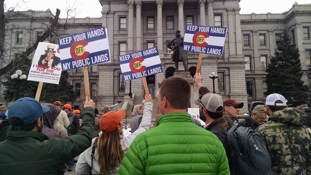 Sportsmen and women gather at the Colorado Capitol in Denver to oppose efforts to transfer public lands from the federal government to the states. Denver Public Lands Rally
