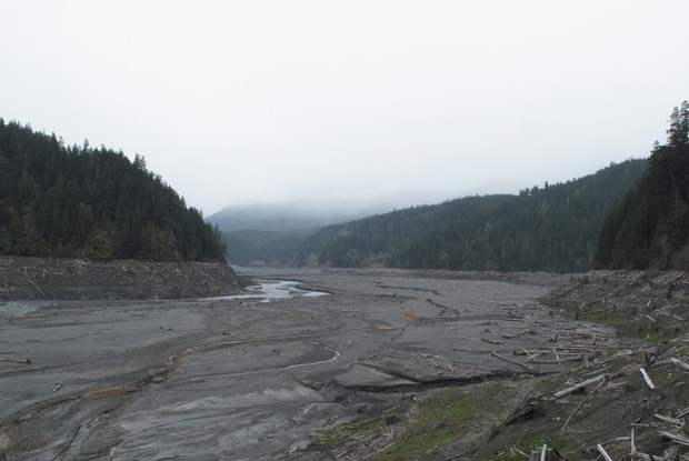 A webcam image of the former Lake Mills on the Elwha River (April 12, 2012). Lake Mills Elwha River Washington