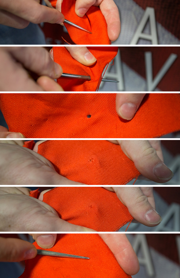 Scott Hunter demonstrates the "self-healing" properties of the 1000 Denier Cordura fabric used in all Vedavoo packs. Last image points to location of puncture after it was "healed". Cordura Fabric Self Healing
