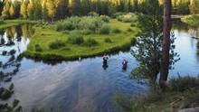 two anglers crossing a creek